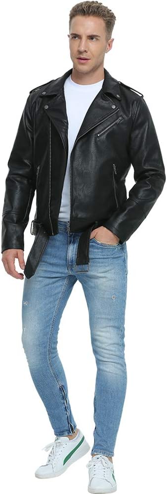 Men’s Faux Leather Biker Jacket – Slim Fit Asymmetrical Zip Motorcycle Coat