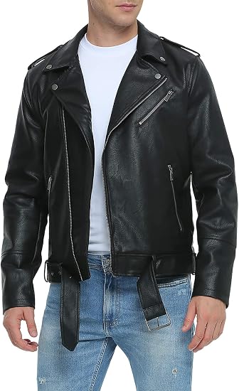 Men’s Faux Leather Biker Jacket – Slim Fit Asymmetrical Zip Motorcycle Coat