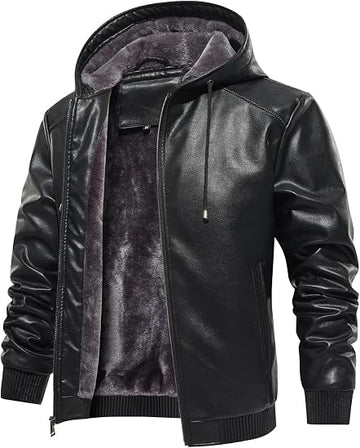Men’s Faux Leather Fleece-Lined Bomber Jacket with Hood