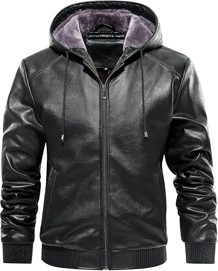 Men’s Faux Leather Fleece-Lined Bomber Jacket with Hood